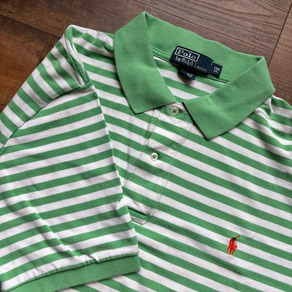 Polo Ralph Lauren Sz 1XB Green White Striped Orange Pony Short Sleeve Polo Shirt